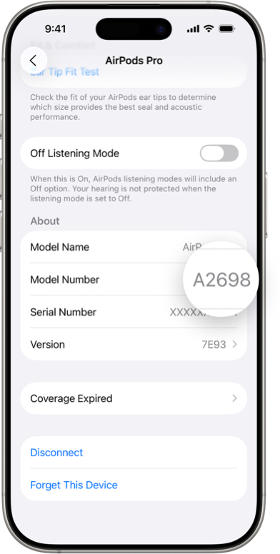AirPods-modellnummer i Bluetooth-innstillingene på en iPhone